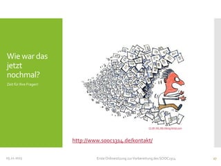 Wie war das
jetzt
nochmal?
Zeit für Ihre Fragen!

CC-BY-NC-ND Hiking Artist.com

http://www.sooc1314.de/kontakt/
05.11.2013

Erste Onlinesitzung zur Vorbereitung des SOOC1314

27

 