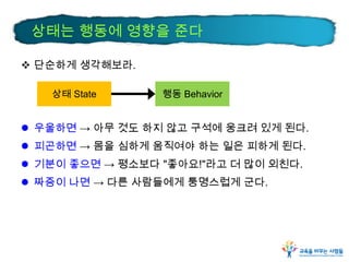 상태는 행동에 영향을 준다
 단순하게 생각해보라.
상태 State

행동 Behavior

 우울하면 → 아무 것도 하지 않고 구석에 웅크려 있게 된다.
 피곤하면 → 몸을 심하게 움직여야 하는 일은 피하게 된다.
 기분이 좋으면 → 평소보다 "좋아요!"라고 더 많이 외친다.
 짜증이 나면 → 다른 사람들에게 퉁명스럽게 군다.

 