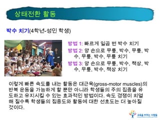 상태전환 활동
박수 치기(4학년-성인 학생)
방법 1: 빠르게 일곱 번 박수 치기
방법 2: 양 손으로 무릎, 박수, 무릎, 박
수, 무릎, 박수, 무릎 치기
방법 3: 양 손으로 무릎, 박수, 책상, 박
수, 무릎, 박수, 책상 치기
이렇게 빠른 속도를 내는 활동은 대근육(gross-motor muscles)의
반복 운동을 가능하게 할 뿐만 아니라 학생들의 주의 집중을 유
도하고 유지시킬 수 있는 효과적인 방법이다. 속도 경쟁이 치열
해 질수록 학생들의 집중도와 활동에 대한 선호도는 더 높아질
것이다.

 