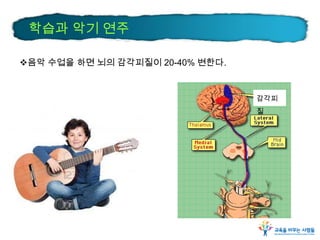 학습과 악기 연주
음악 수업을 하면 뇌의 감각피질이 20-40% 변한다.

감각피
질

 