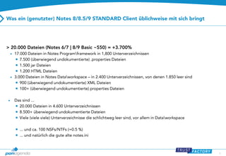 Was ein (genutzter) Notes 8/8.5/9 STANDARD Client üblichweise mit sich bringt

> 20.000 Dateien (Notes 6/7 | 8/9 Basic ~550) = +3.700%
• 17.000 Dateien in Notes Programframework in 1,800 Unterverzeichnissen

 7.500 (überwiegend undokumentierte) .properties Dateien
 1.500 jar Dateien
 1.200 HTML Dateien
• 3.000 Dateien in Notes Dataworkspace – in 2.400 Unterverzeichnissen, von denen 1.850 leer sind
 900 (überwiegend undokumentierte) XML Dateien
 100+ (überwiegend undokumentierte) properties Dateien
•

Das sind ...
 20.000 Dateien in 4.600 Unterverzeichnissen
 8.500+ überwiegend undokumentierte Dateien
 Viele (viele viele) Unterverzeichnisse die schlichtweg leer sind, vor allem in Dataworkspace
 ... und ca. 100 NSFs/NTFs (=0.5 %)
 ... und natürlich die gute alte notes.ini

6

 