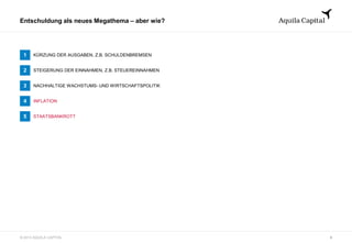 © 2013 AQUILA CAPITAL
Entschuldung als neues Megathema – aber wie?
1 KÜRZUNG DER AUSGABEN, Z.B. SCHULDENBREMSEN
2 STEIGERUNG DER EINNAHMEN, Z.B. STEUEREINNAHMEN
3 NACHHALTIGE WACHSTUMS- UND WIRTSCHAFTSPOLITIK
4 INFLATION
5 STAATSBANKROTT
6
 