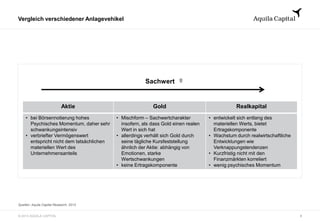 © 2013 AQUILA CAPITAL
Vergleich verschiedener Anlagevehikel
Quellen: Aquila Capital Research, 2013
8
Aktie Gold Realkapital
• bei Börsennotierung hohes
Psychisches Momentum, daher sehr
schwankungsintensiv
• verbriefter Vermögenswert
entspricht nicht dem tatsächlichen
materiellen Wert des
Unternehmensanteils
• Mischform – Sachwertcharakter
insofern, als dass Gold einen realen
Wert in sich hat
• allerdings verhält sich Gold durch
seine tägliche Kursfeststellung
ähnlich der Aktie: abhängig von
Emotionen, starke
Wertschwankungen
• keine Ertragskomponente
• entwickelt sich entlang des
materiellen Werts, bietet
Ertragskomponente
• Wachstum durch realwirtschaftliche
Entwicklungen wie
Verknappungstendenzen
• Kurzfristig nicht mit den
Finanzmärkten korreliert
• wenig psychisches Momentum
Sachwert
 