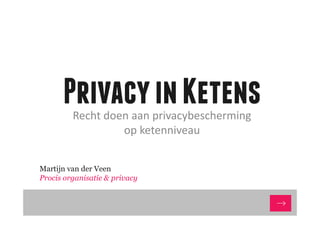 Privacy in Ketens
Recht doen aan privacybescherming
op ketenniveau
Martijn van der Veen
Procis organisatie & privacy

 