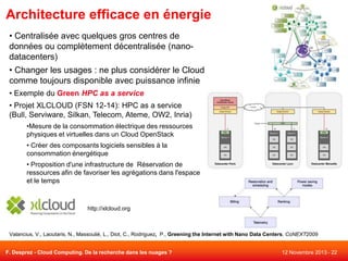 Architecture efficace en énergie
• Centralisée avec quelques gros centres de
données ou complètement décentralisée (nanodatacenters)

• Changer les usages : ne plus considérer le Cloud
comme toujours disponible avec puissance infinie
• Exemple du Green HPC as a service
• Projet XLCLOUD (FSN 12-14): HPC as a service
(Bull, Serviware, Silkan, Telecom, Ateme, OW2, Inria)
•Mesure de la consommation électrique des ressources
physiques et virtuelles dans un Cloud OpenStack
• Créer des composants logiciels sensibles à la
consommation énergétique
• Proposition d'une infrastructure de Réservation de
ressources afin de favoriser les agrégations dans l'espace
et le temps

http://xlcloud.org

Valancius, V., Laoutaris, N., Massoulié, L., Diot, C., Rodriguez, P., Greening the Internet with Nano Data Centers, CoNEXT2009
F. Desprez - Cloud Computing. De la recherche dans les nuages ?

12 Novembre 2013 - 22

 