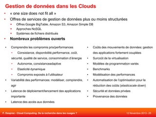 Gestion de données dans les Clouds
•
•

« one size does not fit all »
Offres de services de gestion de données plus ou moins structurées




•
•

Offres Google BigTable, Amazon S3, Amazon Simple DB
Approches NoSQL
Systèmes de fichiers distribués

Nombreux problèmes ouverts
Comprendre les compromis prix/performances
•

•

Consistance, disponibilité,performance, coût,

Coûts des mouvements de données: gestion
des applications fortement couplées

sécurité, qualité de service, consommation d’énergie

Surcoût de la virtualisation

•

Autonomie, consistanceadaptive

•

Modèles de programmation variés

•

Elasticité dynamique

•

Benchmarks

•
•

•

Compromis exposés à l’utilisateur

•

Modélisation des performances

•

Automatisation de l’optimisation pour la

Variabilité des performances: modéliser, comprendre,
agir

•

réduction des coûts (elasticscale down)
•

Sécurité et données privées

importante
•

Latence de déploiement/lancement des applications

•

Provenance des données

Latence des accès aux données

F. Desprez - Cloud Computing. De la recherche dans les nuages ?

12 Novembre 2013 - 25

 