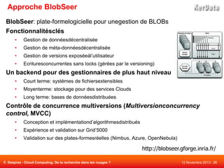 Approche BlobSeer
BlobSeer: plate-formelogicielle pour unegestion de BLOBs
Fonctionnalitésclés
•

Gestion de donnéesdécentralisée

•

Gestion de méta-donnéesdécentralisée

•

Gestion de versions exposéeàl’utilisateur

•

Ecrituresconcurrentes sans locks (gérées par le versioning)

Un backend pour des gestionnaires de plus haut niveau
•

Court terme: systèmes de fichiersextensibles

•

Moyenterme: stockage pour des services Clouds

•

Long terme: bases de donnéesdistribuées

Contrôle de concurrence multiversions (Multiversionconcurrency
control, MVCC)
•

Conception et implémentationd’algorithmesdistribués

•

Expérience et validation sur Grid’5000

•

Validation sur des plates-formesréelles (Nimbus, Azure, OpenNebula)

http://blobseer.gforge.inria.fr/
F. Desprez - Cloud Computing. De la recherche dans les nuages ?

12 Novembre 2013 - 26

 