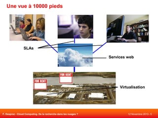 Une vue à 10000 pieds

SLAs
Services web

Virtualisation

F. Desprez - Cloud Computing. De la recherche dans les nuages ?

12 Novembre 2013 - 5

 