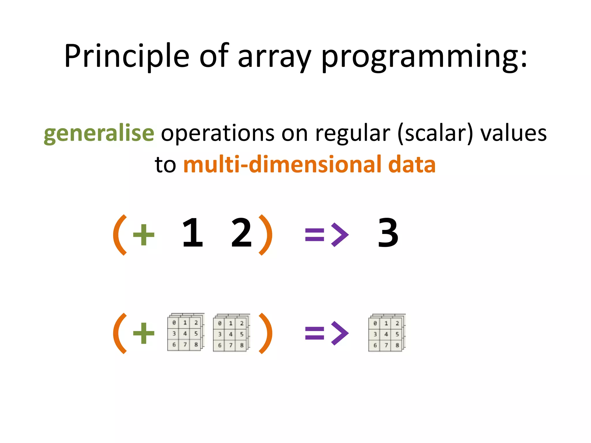Principle of array programming:
generalise operations on regular (scalar) values
to multi-dimensional data

(+ 1 2) => 3
(+

) => 2

 