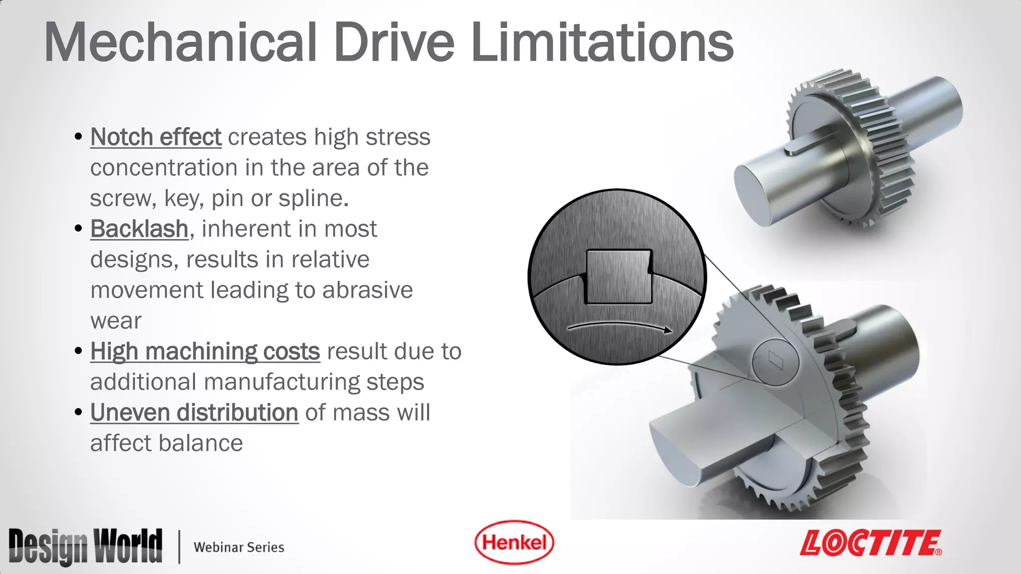 Mechanical Drive Limitations
• Notch effect creates high stress
concentration in the area of the
screw, key, pin or spline.
• Backlash, inherent in most
designs, results in relative
movement leading to abrasive
wear
• High machining costs result due to
additional manufacturing steps
• Uneven distribution of mass will
affect balance

 
