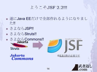 





遂にJava EEだけで全部作れるようになりまし
た!!
さよならJSP!!
さよならStruts!!
さよならCommons!!

※2.2以降が必須です

14

 