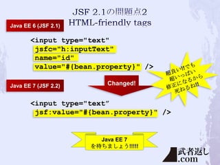 Java EE 6 (JSF 2.1)

<input type="text"
jsfc="h:inputText"
name="id"
value="#{bean.property}" />
Java EE 7 (JSF 2.2)

Changed!

<input type="text”
jsf:value="#{bean.property}" />

Java EE 7
を待ちましょう!!!!!

 