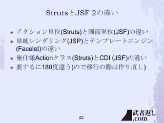 





アクション単位(Struts)と画面単位(JSF)の違い
単純レンダリング(JSP)とテンプレートエンジン
(Facelet)の違い
俺仕様Actionクラス(Struts)とCDI (JSF)の違い
要するに180度違う(ので移行の際は作り直し)

22

 