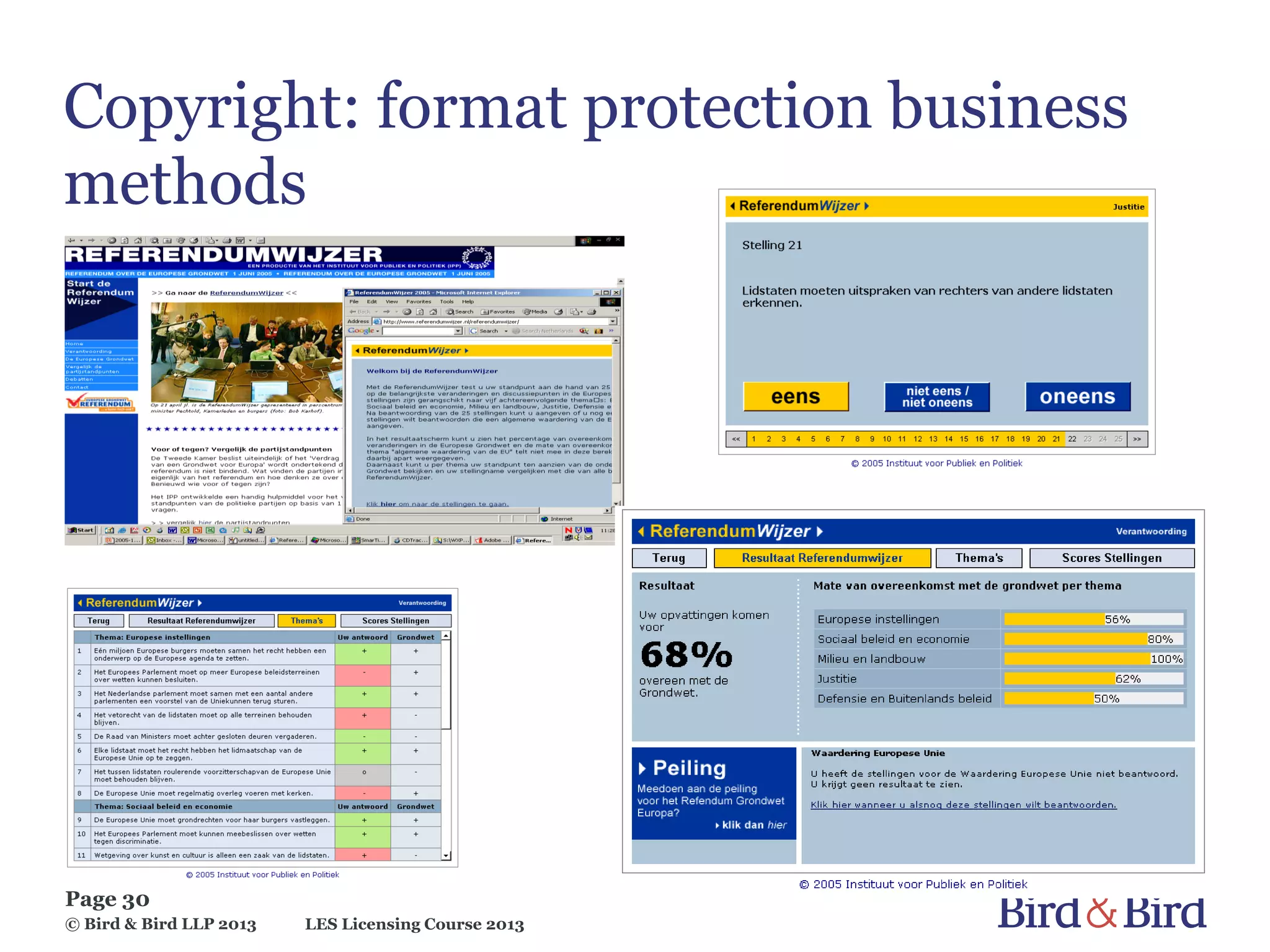 LES Licensing Course 2013
Page 30
© Bird & Bird LLP 2013
Copyright: format protection business
methods
 