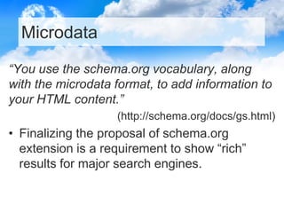 Microdata
“You use the schema.org vocabulary, along
with the microdata format, to add information to
your HTML content.”
(...