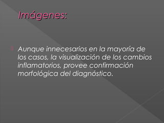 Imágenes:



Aunque innecesarios en la mayoría de
los casos, la visualización de los cambios
inflamatorios, provee confirmación
morfológica del diagnóstico.

 