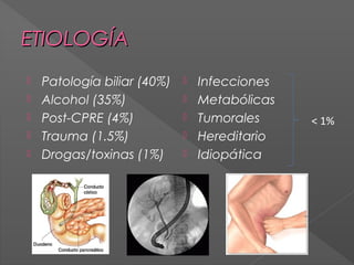 ETIOLOGÍA






Patología biliar (40%)
Alcohol (35%)
Post-CPRE (4%)
Trauma (1.5%)
Drogas/toxinas (1%)







Infecciones
Metabólicas
Tumorales
Hereditario
Idiopática

< 1%

 