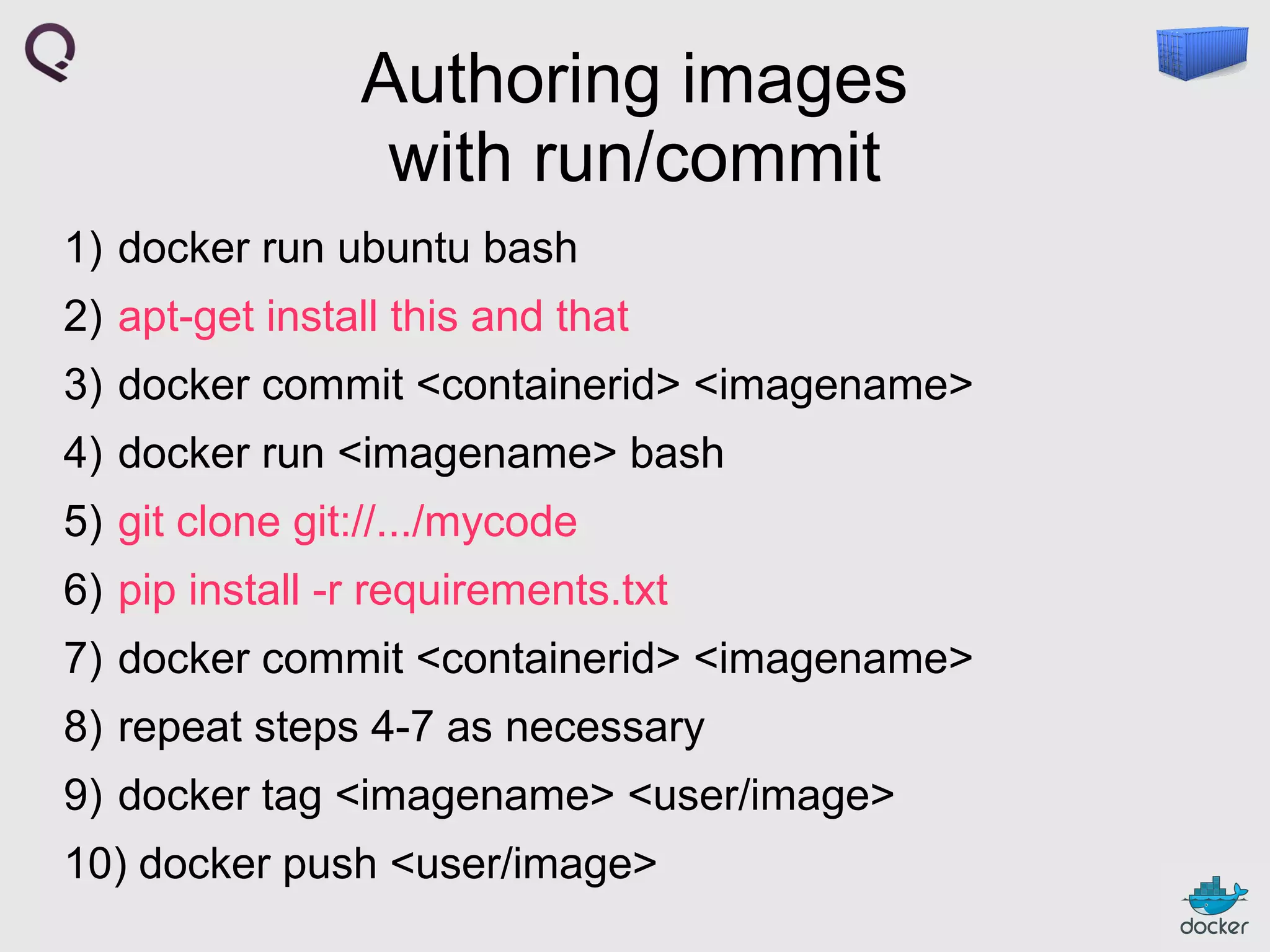 Authoring images
with run/commit
1) docker run ubuntu bash
2) apt-get install this and that
3) docker commit <containerid> <imagename>
4) docker run <imagename> bash
5) git clone git://.../mycode
6) pip install -r requirements.txt
7) docker commit <containerid> <imagename>
8) repeat steps 4-7 as necessary
9) docker tag <imagename> <user/image>
10) docker push <user/image>

 