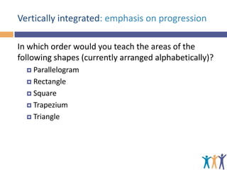 Vertically integrated: emphasis on progression
In which order would you teach the areas of the
following shapes (currently arranged alphabetically)?
 Parallelogram
 Rectangle
 Square
 Trapezium
 Triangle

 