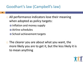 Goodhart’s law (Campbell’s law)
40



All performance indicators lose their meaning
when adopted as policy targets:
 Inflation

and money supply
 Airline schedules
 School achievement targets


The clearer you are about what you want, the
more likely you are to get it, but the less likely it is
to mean anything

 