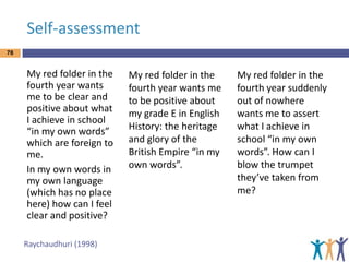 Self-assessment
78

My red folder in the
fourth year wants
me to be clear and
positive about what
I achieve in school
“in my own words”
which are foreign to
me.
In my own words in
my own language
(which has no place
here) how can I feel
clear and positive?
Raychaudhuri (1998)

My red folder in the
fourth year wants me
to be positive about
my grade E in English
History: the heritage
and glory of the
British Empire “in my
own words”.

My red folder in the
fourth year suddenly
out of nowhere
wants me to assert
what I achieve in
school “in my own
words”. How can I
blow the trumpet
they’ve taken from
me?

 