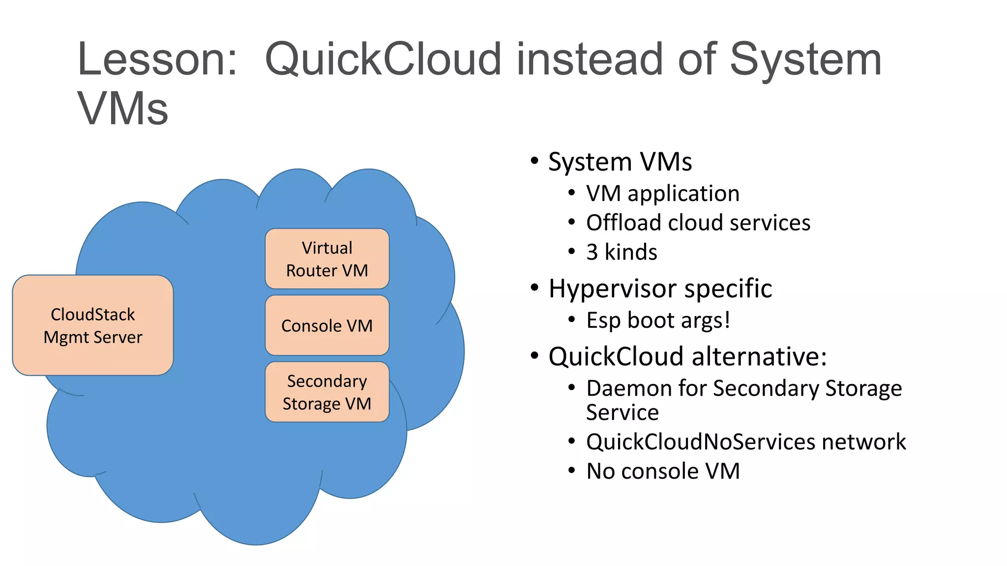 Lesson: QuickCloud instead of System
VMs
• System VMs
Virtual
Router VM
CloudStack
Mgmt Server

Console VM

• VM application
• Offload cloud services
• 3 kinds

• Hypervisor specific
• Esp boot args!

• QuickCloud alternative:
Secondary
Storage VM

• Daemon for Secondary Storage
Service
• QuickCloudNoServices network
• No console VM

 