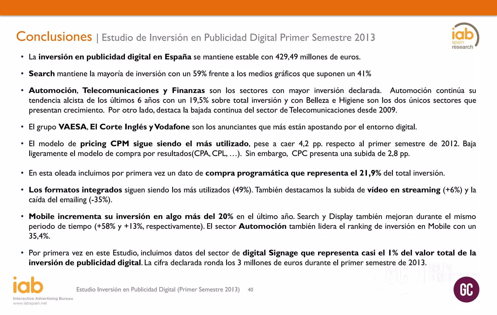 Conclusiones | Estudio de Inversión en Publicidad Digital Primer Semestre 2013
• La inversión en publicidad digital en España se mantiene estable con 429,49 millones de euros.
• Search mantiene la mayoría de inversión con un 59% frente a los medios gráficos que suponen un 41%
• Automoción, Telecomunicaciones y Finanzas son los sectores con mayor inversión declarada. Automoción continúa su
tendencia alcista de los últimos 6 años con un 19,5% sobre total inversión y con Belleza e Higiene son los dos únicos sectores que
presentan crecimiento. Por otro lado, destaca la bajada continua del sector de Telecomunicaciones desde 2009.
• El grupo VAESA, El Corte Inglés y Vodafone son los anunciantes que más están apostando por el entorno digital.
• El modelo de pricing CPM sigue siendo el más utilizado, pese a caer 4,2 pp. respecto al primer semestre de 2012. Baja
ligeramente el modelo de compra por resultados(CPA, CPL, …). Sin embargo, CPC presenta una subida de 2,8 pp.
• En esta oleada incluimos por primera vez un dato de compra programática que representa el 21,9% del total inversión.
• Los formatos integrados siguen siendo los más utilizados (49%). También destacamos la subida de vídeo en streaming (+6%) y la
caída del emailing (-35%).
• Mobile incrementa su inversión en algo más del 20% en el último año. Search y Display también mejoran durante el mismo
periodo de tiempo (+58% y +13%, respectivamente). El sector Automoción también lidera el ranking de inversión en Mobile con un
35,4%.
• Por primera vez en este Estudio, incluimos datos del sector de digital Signage que representa casi el 1% del valor total de la
inversión de publicidad digital. La cifra declarada ronda los 3 millones de euros durante el primer semestre de 2013.
Estudio Inversión en Publicidad Digital (Primer Semestre 2013)

40

 