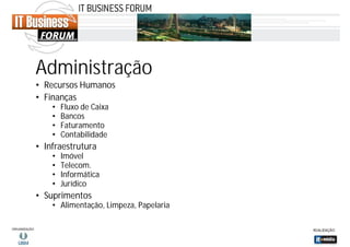 Administração
• Recursos Humanos
• Finanças
•
•
•
•

Fluxo de Caixa
Bancos
Faturamento
Contabilidade

• Infraestrutura
•
•
•
•

Imóvel
Telecom.
Informática
Jurídico

• Suprimentos
• Alimentação, Limpeza, Papelaria

 