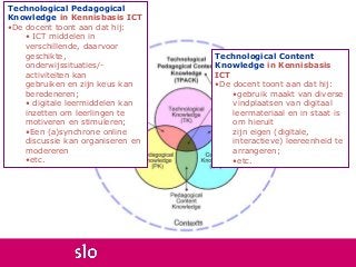 Technological Pedagogical
Knowledge in Kennisbasis ICT
•De docent toont aan dat hij:
• ICT middelen in
verschillende, daar...