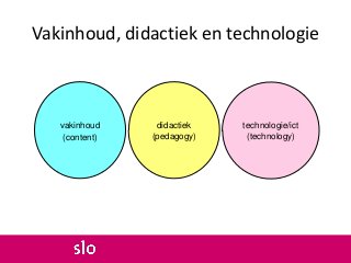 Vakinhoud, didactiek en technologie

vakinhoud
(content)

didactiek
(pedagogy)

technologie/ict
(technology)

 