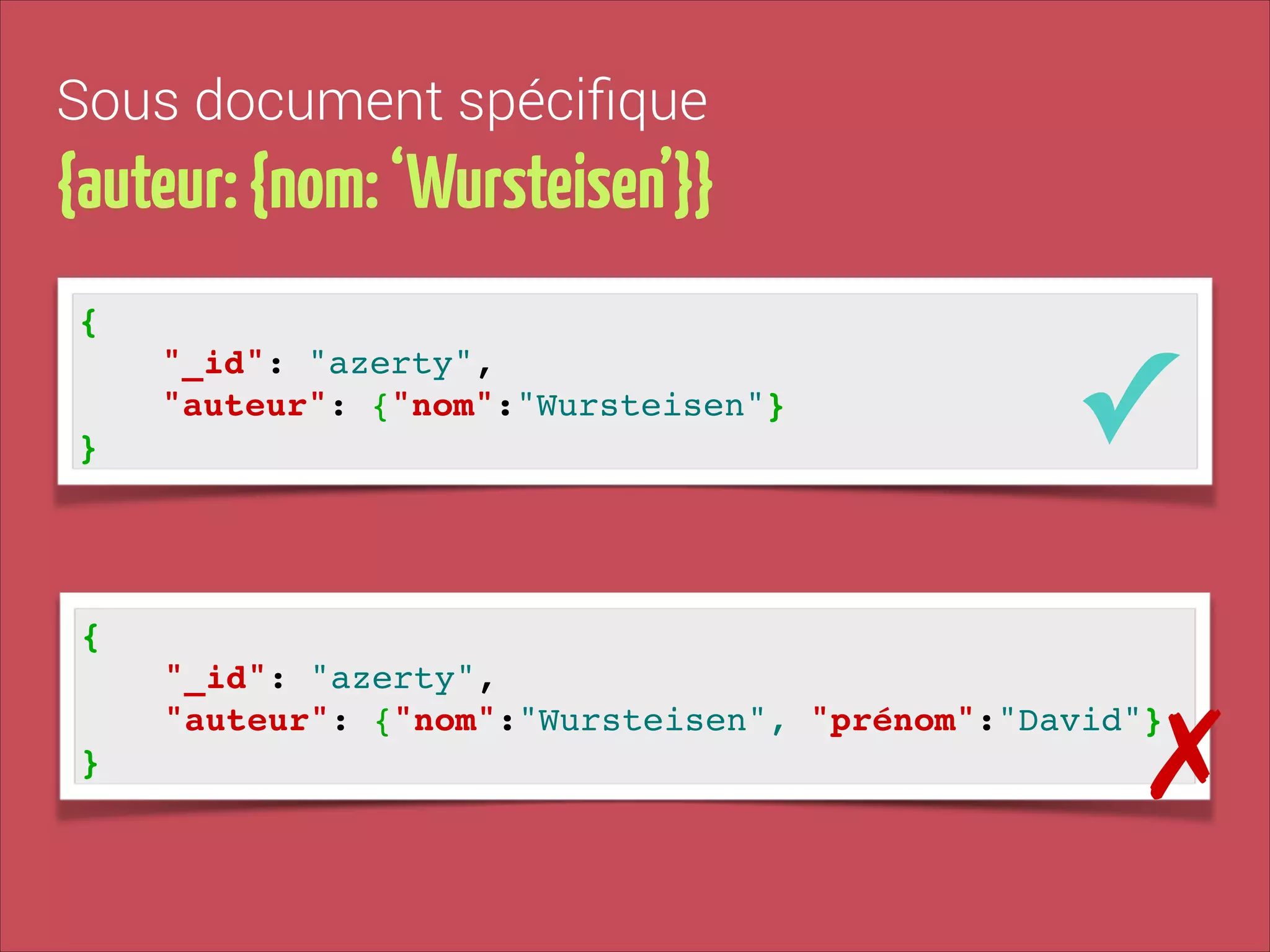 Sous document spéciﬁque

{auteur: {nom: ‘Wursteisen’}}
{!
"_id": "azerty", !
"auteur": {"nom":"Wursteisen"}!
}

✓

{!
"_id": "azerty", !
"auteur": {"nom":"Wursteisen", "prénom":"David"}!
}

✗

 