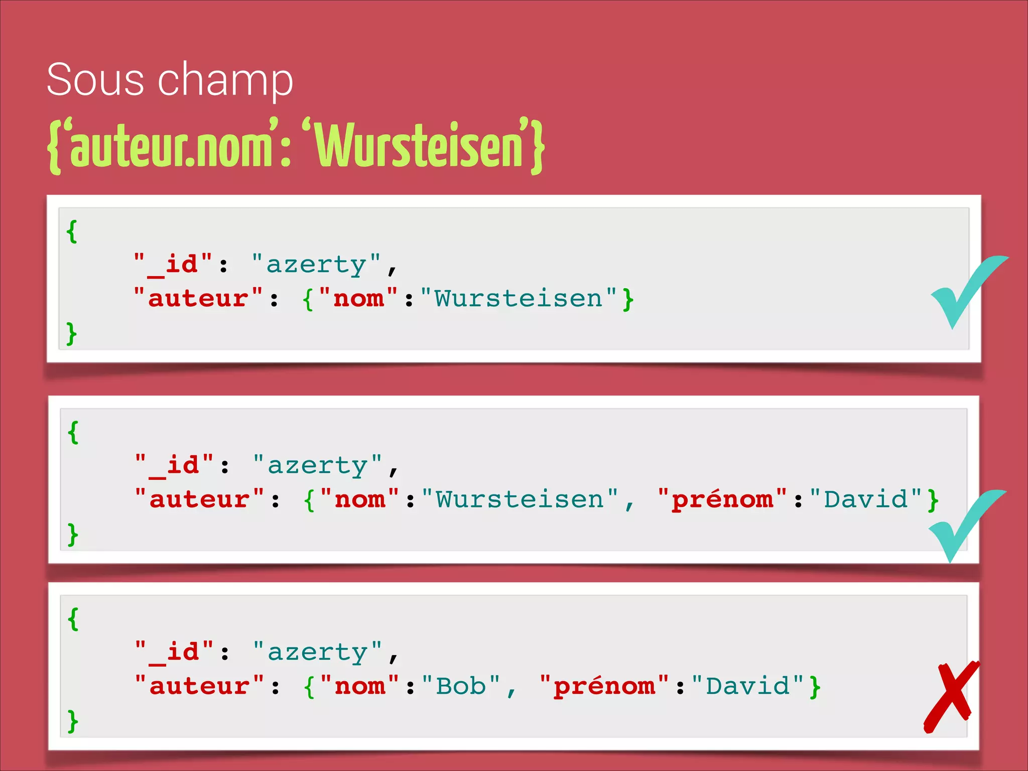 Sous champ

{‘auteur.nom’: ‘Wursteisen’}
{!
"_id": "azerty", !
"auteur": {"nom":"Wursteisen"}!
}

✓

{!
"_id": "azerty", !
"auteur": {"nom":"Wursteisen", "prénom":"David"}!

✓

}
{!
"_id": "azerty", !
"auteur": {"nom":"Bob", "prénom":"David"}!
}

✗

 