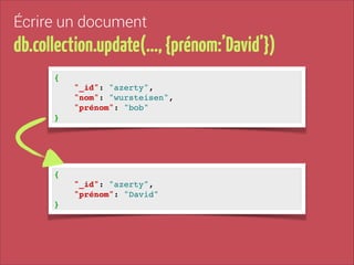 Écrire un document

db.collection.update(…, {prénom:’David’})
{!
"_id": "azerty", !
"nom": "wursteisen", !
"prénom": "bob"!
}

{!
"_id": "azerty", !
"prénom": "David"!
}

 