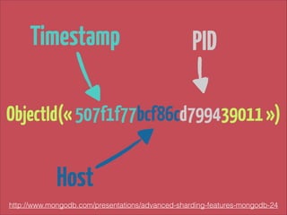 Timestamp

PID

ObjectId(« 507f1f77bcf86cd799439011 »)

Host
http://www.mongodb.com/presentations/advanced-sharding-features-mongodb-24

 