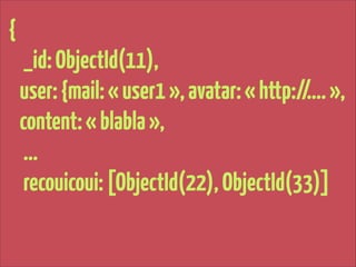 {
_id: ObjectId(11),
user: {mail: « user1 », avatar: « http://…. »,
content: « blabla »,
…
recouicoui: [ObjectId(22), ObjectId(33)] 

 