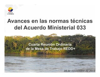 Avances en las normas técnicas
del Acuerdo Ministerial 033
Cuarta Reunión Ordinaria
de la Mesa de Trabajo REDD+

28 de noviembre de 2013

 