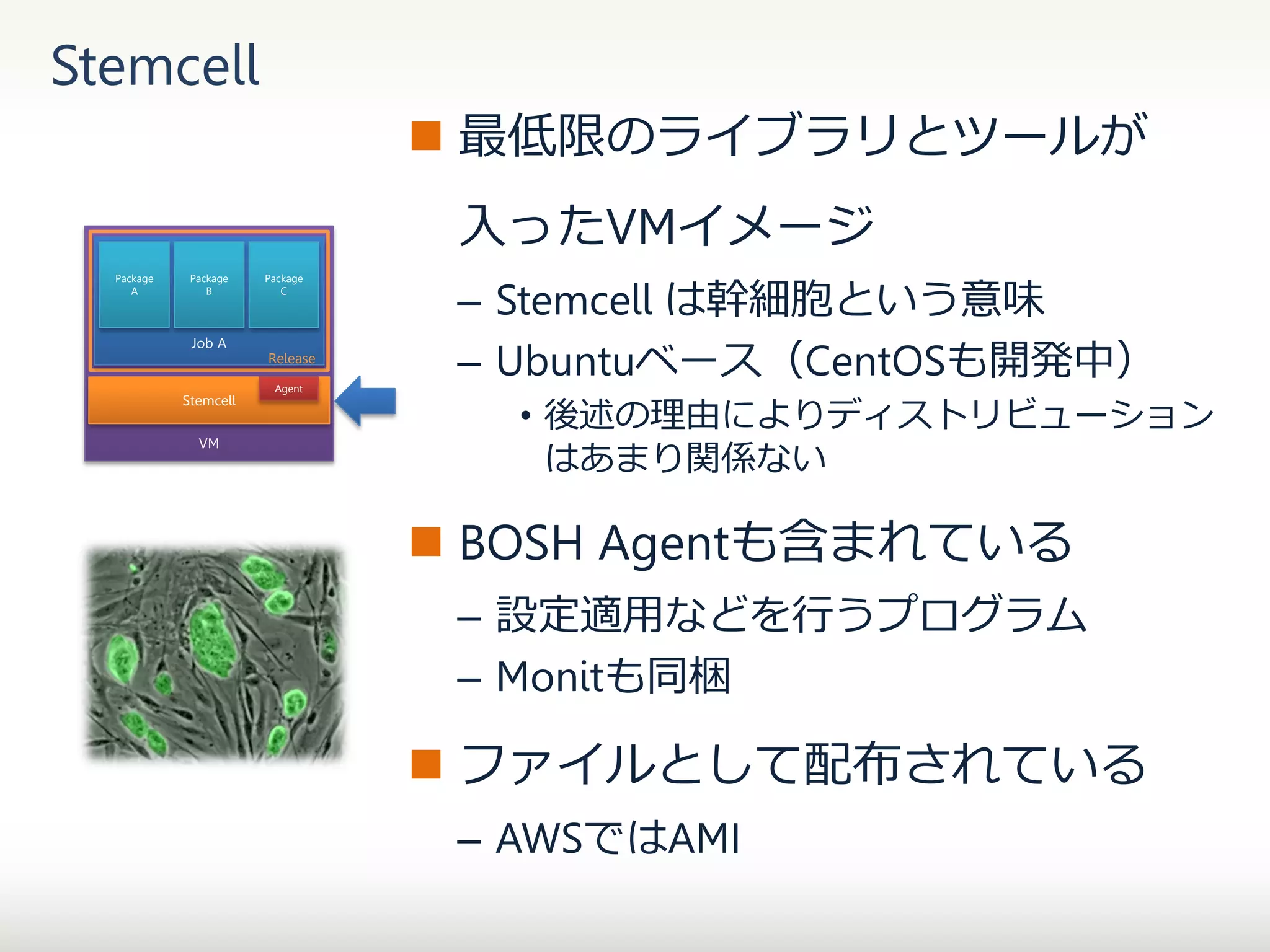 Stemcell
 最低限のライブラリとツールが
入ったVMイメージ
Package
A

Package
B

Job A

Stemcell
VM

Package
C

Release
Agent

– Stemcell は幹細胞という意味
– Ubuntuベース（CentOSも開発中）
• 後述の理由によりディストリビューション
はあまり関係ない

 BOSH Agentも含まれている
– 設定適用などを行うプログラム
– Monitも同梱

 ファイルとして配布されている
– AWSではAMI

 