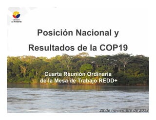 Posición Nacional y
Resultados de la COP19
Cuarta Reunión Ordinaria
de la Mesa de Trabajo REDD+

28 de noviembre de 2013

 