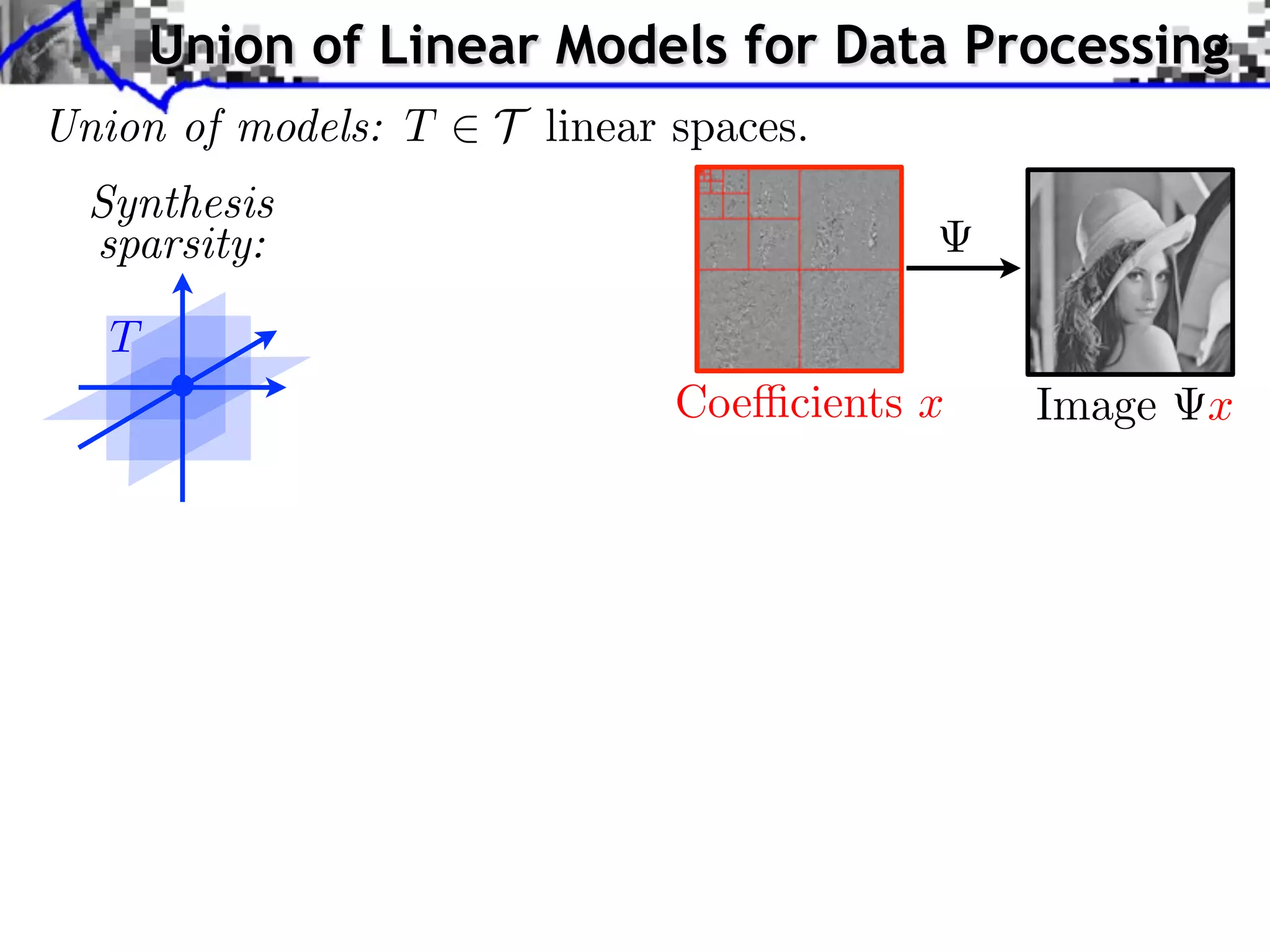 Union of Linear Models for Data Processing Union of models: T 2 T linear spaces. Synthesis sparsity: T Coe cients x Image x 