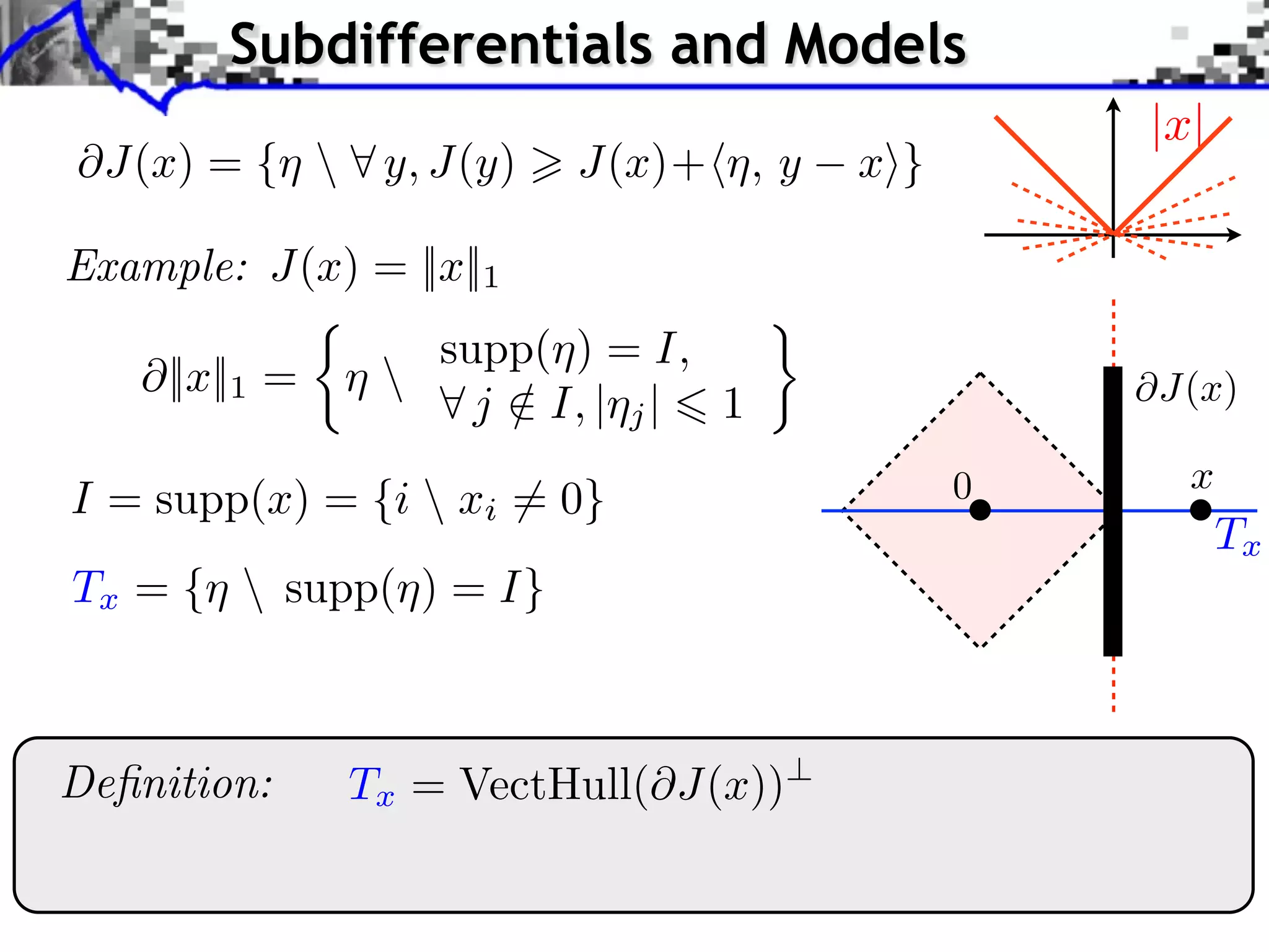 Subdifferentials and Models @J(x) = {⌘ 8 y, J(y) > J(x)+h⌘, y |x| xi} Example: J(x) = ||x||1 ⇢ supp(⌘) = I, @||x||1 = ⌘ 8 j 2 I, |⌘j | 6 1 / I = supp(x) = {i xi 6= 0} Tx = {⌘ supp(⌘) = I} Deﬁnition: Tx = VectHull(@J(x))? @J(x) 0 x Tx 