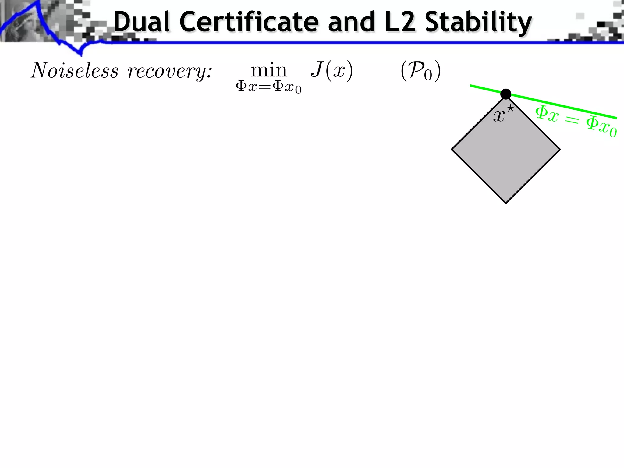 Dual Certificate and L2 Stability Noiseless recovery: min J(x) x= x0 (P0 ) x? x= x0 