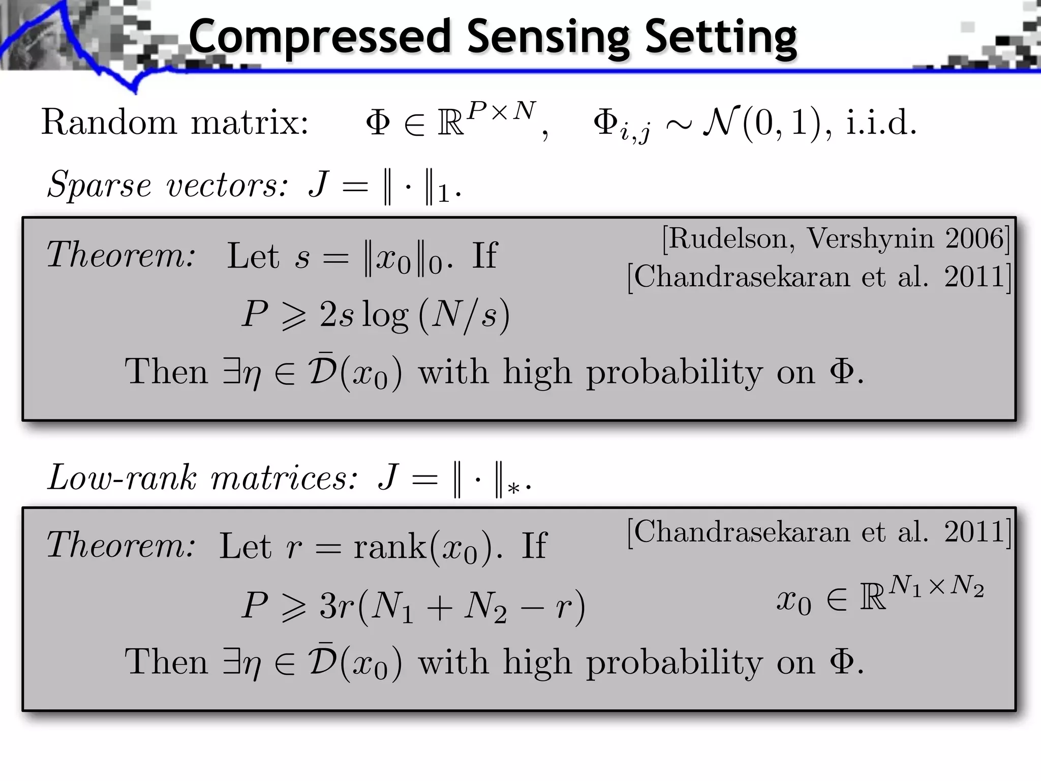 Compressed Sensing Setting Random matrix: 2 RP ⇥N , Sparse vectors: J = || · ||1 . Theorem: Let s = ||x0 ||0 . If i,j ⇠ N (0, 1), i.i.d. [Rudelson, Vershynin 2006] [Chandrasekaran et al. 2011] P > 2s log (N/s) ¯ Then 9⌘ 2 D(x0 ) with high probability on Low-rank matrices: J = || · ||⇤ . Theorem: Let r = rank(x0 ). If . [Chandrasekaran et al. 2011] x0 2 RN1 ⇥N2 P > 3r(N1 + N2 r) ¯ Then 9⌘ 2 D(x0 ) with high probability on . 