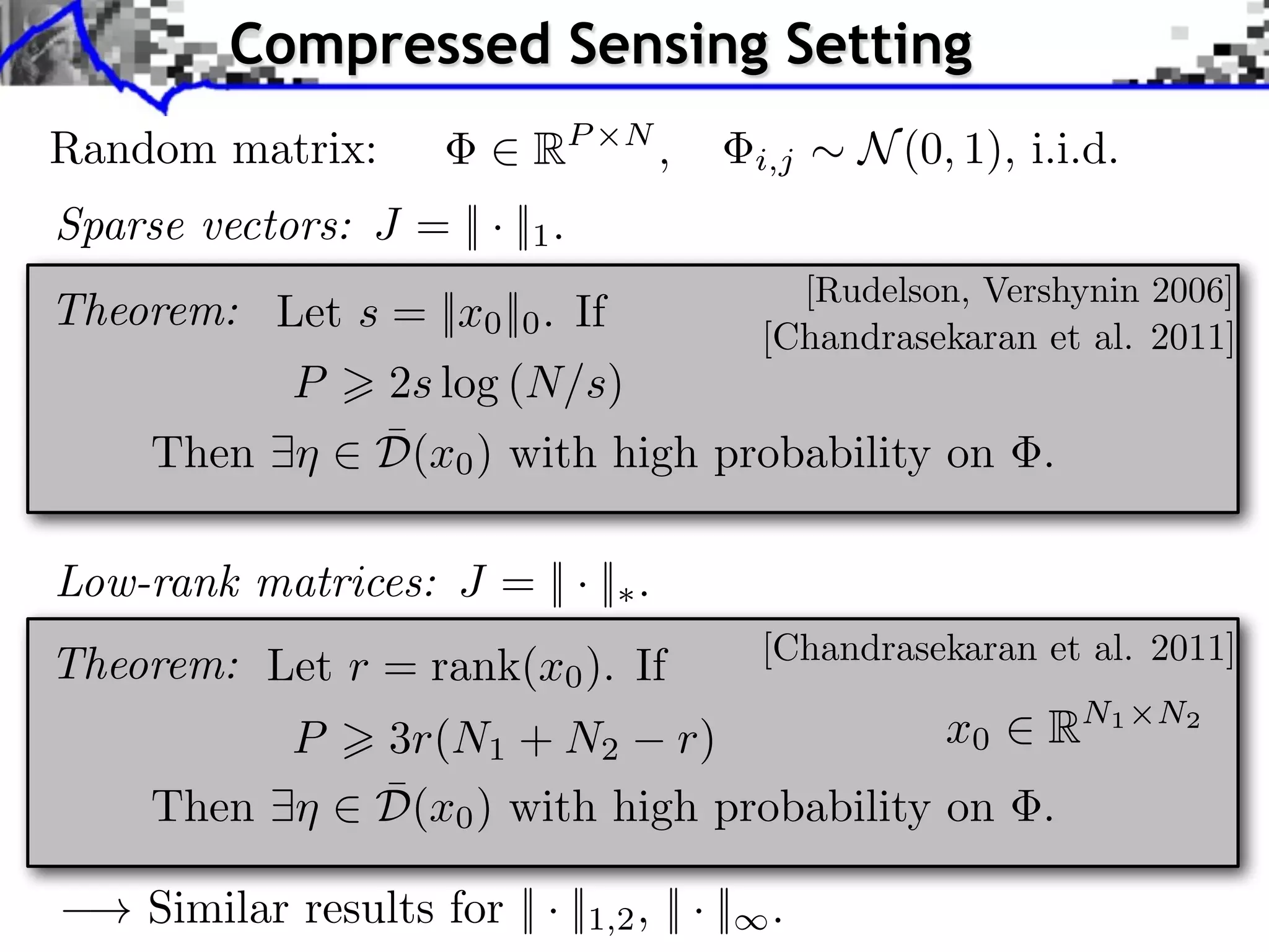 Compressed Sensing Setting Random matrix: 2 RP ⇥N , Sparse vectors: J = || · ||1 . Theorem: Let s = ||x0 ||0 . If i,j ⇠ N (0, 1), i.i.d. [Rudelson, Vershynin 2006] [Chandrasekaran et al. 2011] P > 2s log (N/s) ¯ Then 9⌘ 2 D(x0 ) with high probability on Low-rank matrices: J = || · ||⇤ . Theorem: Let r = rank(x0 ). If . [Chandrasekaran et al. 2011] x0 2 RN1 ⇥N2 P > 3r(N1 + N2 r) ¯ Then 9⌘ 2 D(x0 ) with high probability on ! Similar results for || · ||1,2 , || · ||1 . . 