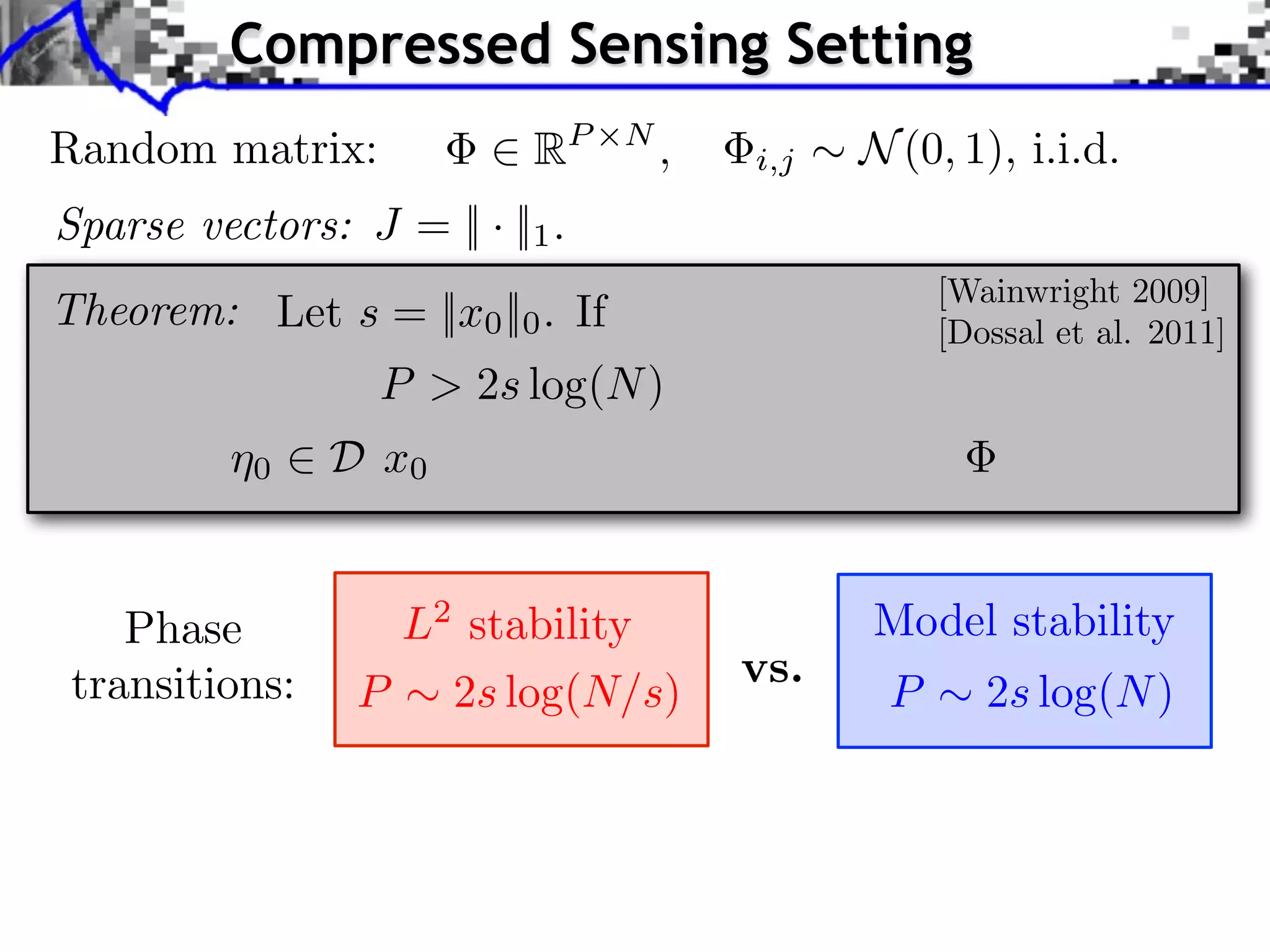 Compressed Sensing Setting Random matrix: 2 RP ⇥N , i,j Sparse vectors: J = || · ||1 . ⇠ N (0, 1), i.i.d. [Wainwright 2009] [Dossal et al. 2011] Theorem: Let s = ||x0 ||0 . If P > 2s log(N ) ¯ Then ⌘0 2 D( x0 ) wi th hi g h prob a b i l i ty on Phase transitions: L2 stability P ⇠ 2s log(N/s) vs. . Model stability P ⇠ 2s log(N ) 