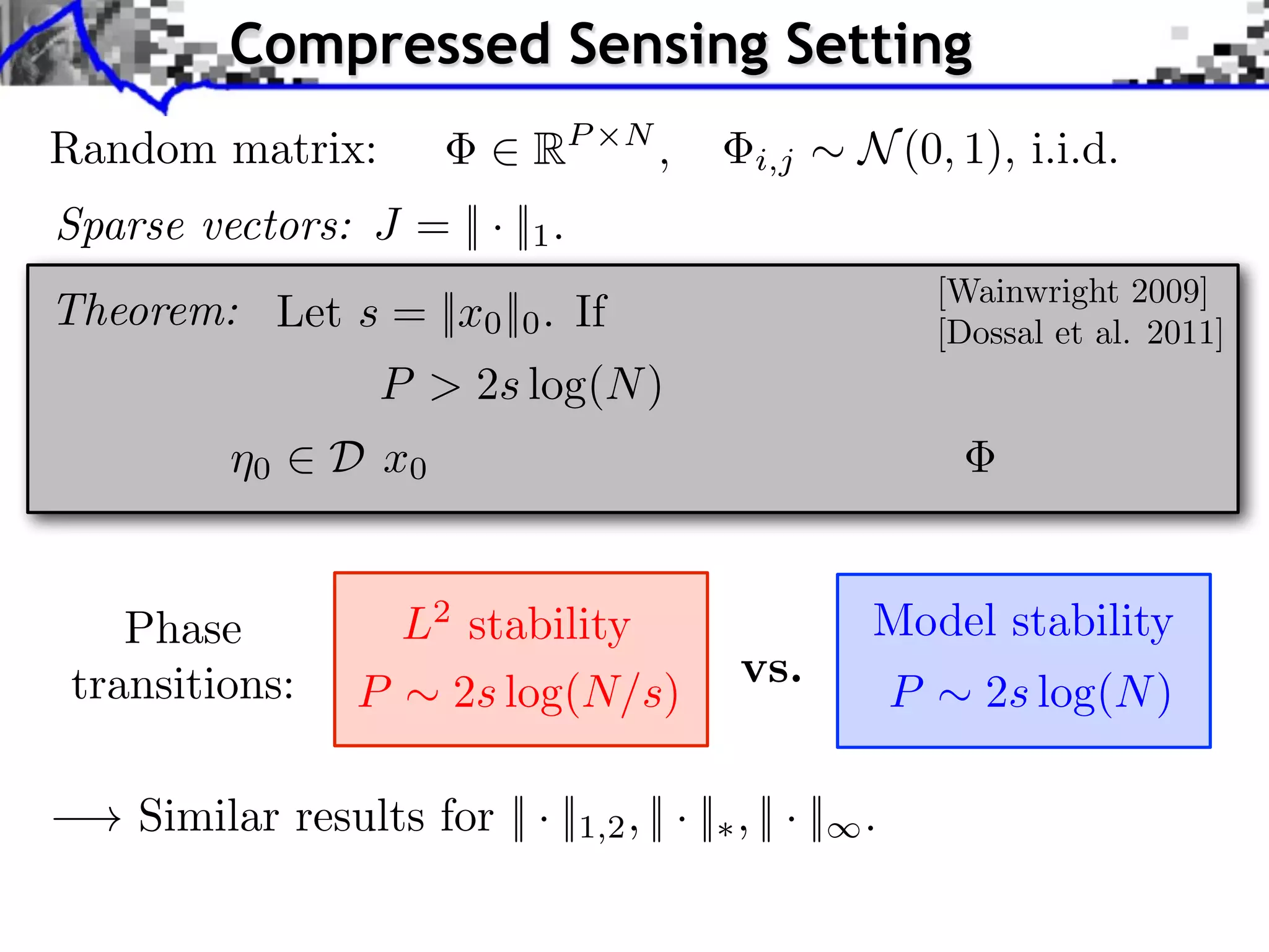 Compressed Sensing Setting Random matrix: 2 RP ⇥N , i,j Sparse vectors: J = || · ||1 . ⇠ N (0, 1), i.i.d. [Wainwright 2009] [Dossal et al. 2011] Theorem: Let s = ||x0 ||0 . If P > 2s log(N ) ¯ Then ⌘0 2 D( x0 ) wi th hi g h prob a b i l i ty on Phase transitions: L2 stability P ⇠ 2s log(N/s) vs. . Model stability ! Similar results for || · ||1,2 , || · ||⇤ , || · ||1 . P ⇠ 2s log(N ) 