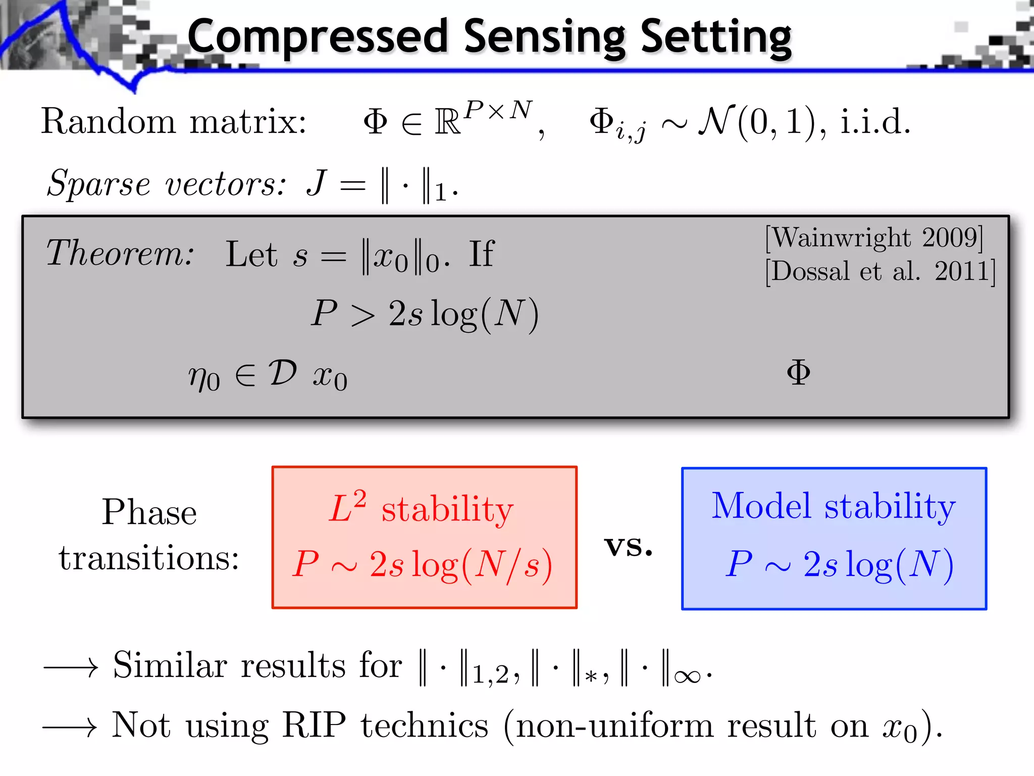 Compressed Sensing Setting Random matrix: 2 RP ⇥N , i,j Sparse vectors: J = || · ||1 . ⇠ N (0, 1), i.i.d. [Wainwright 2009] [Dossal et al. 2011] Theorem: Let s = ||x0 ||0 . If P > 2s log(N ) ¯ Then ⌘0 2 D( x0 ) wi th hi g h prob a b i l i ty on Phase transitions: L2 stability P ⇠ 2s log(N/s) vs. . Model stability ! Similar results for || · ||1,2 , || · ||⇤ , || · ||1 . P ⇠ 2s log(N ) ! Not using RIP technics (non-uniform result on x0 ). 