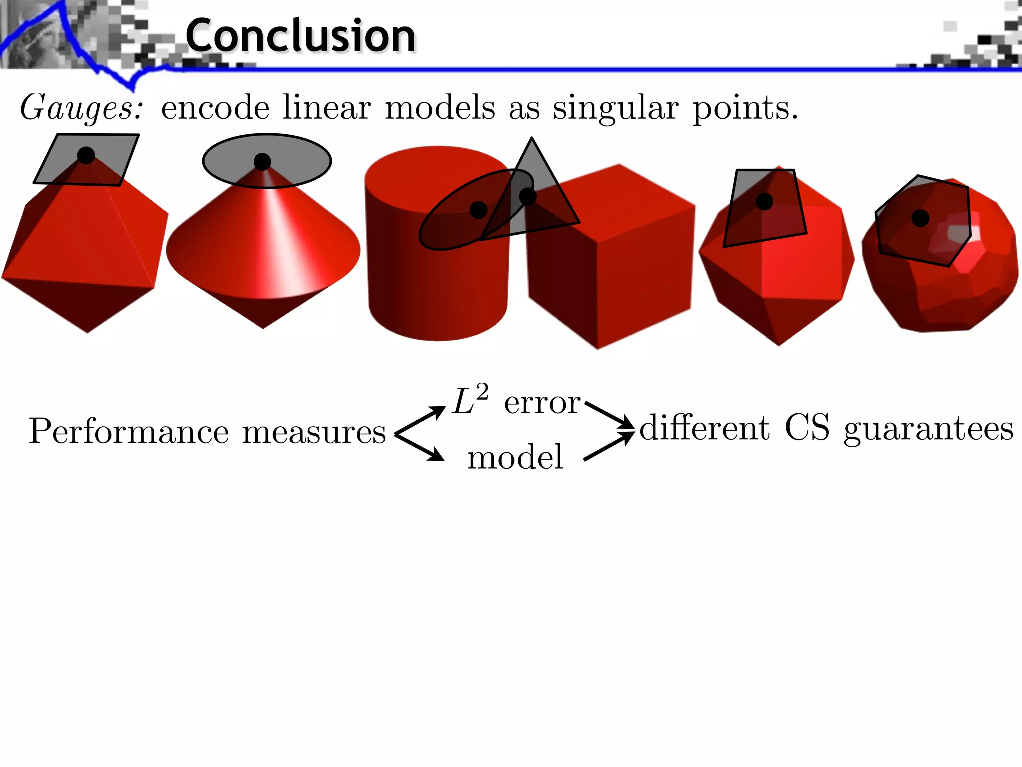 Conclusion Gauges: encode linear models as singular points. Performance measures L2 error model di↵erent CS guarantees 