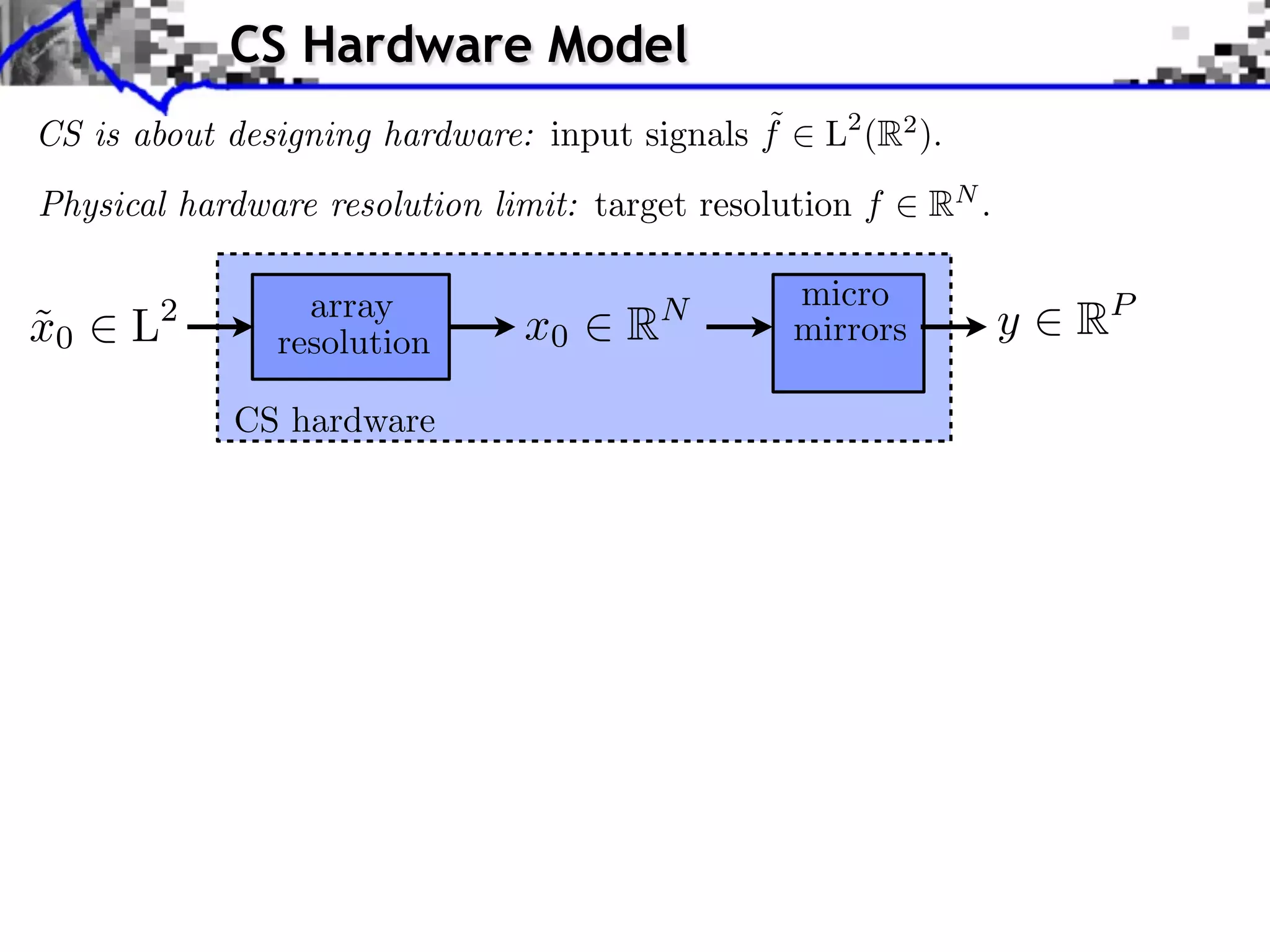 CS Hardware Model ˜ CS is about designing hardware: input signals f L2 (R2 ). Physical hardware resolution limit: target resolution f 2 x0 2 L ˜ array resolution CS hardware x0 2 R N micro mirrors RN . y 2 RP 