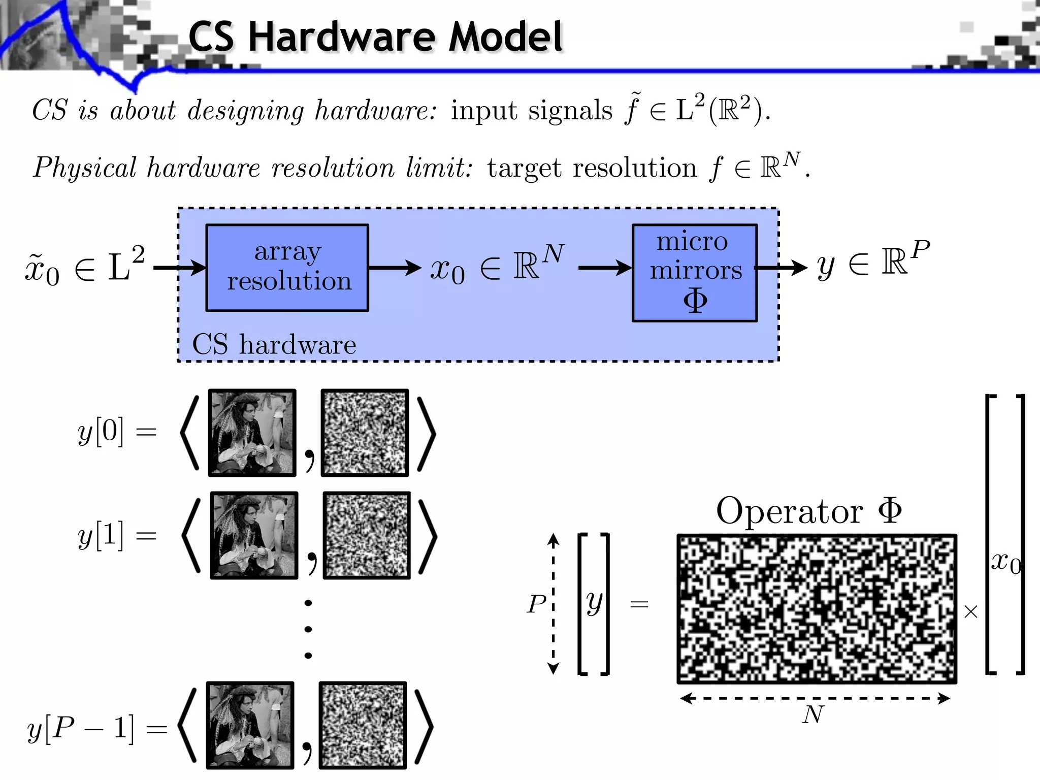 CS Hardware Model ˜ CS is about designing hardware: input signals f L2 (R2 ). Physical hardware resolution limit: target resolution f x0 2 L ˜ array resolution x0 2 R N micro mirrors y 2 RP CS hardware , , ... 2 RN . , Operator x0 