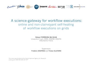 A science-gateway for workflow executions:
online and non-clairvoyant self-healing
of workflow executions on grids
Rafael FERREIRA DA SILVA

University of Lyon, CNRS, INSERM, CREATIS
Villeurbanne, France

Supervisors:
Frédéric DESPREZ and Tristan GLATARD

This work was funded by the French National Agency for Research
1under grant ANR-09-COSI-03 "VIP”

 